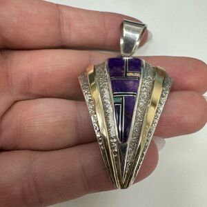 Ervin Hoskie Navajo 14K yellow gold and Sterling charoite and opal pendant